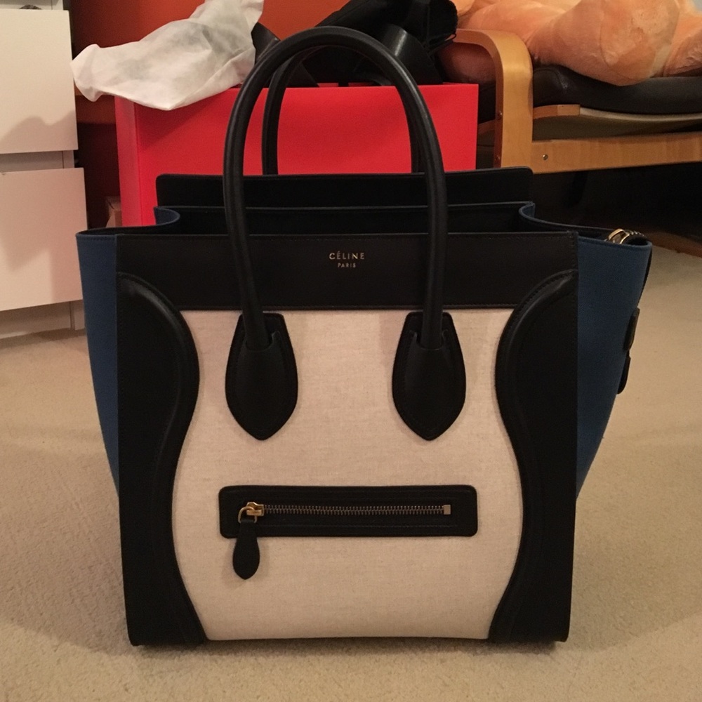 Celine Mini Luggage in Metallic blue.
